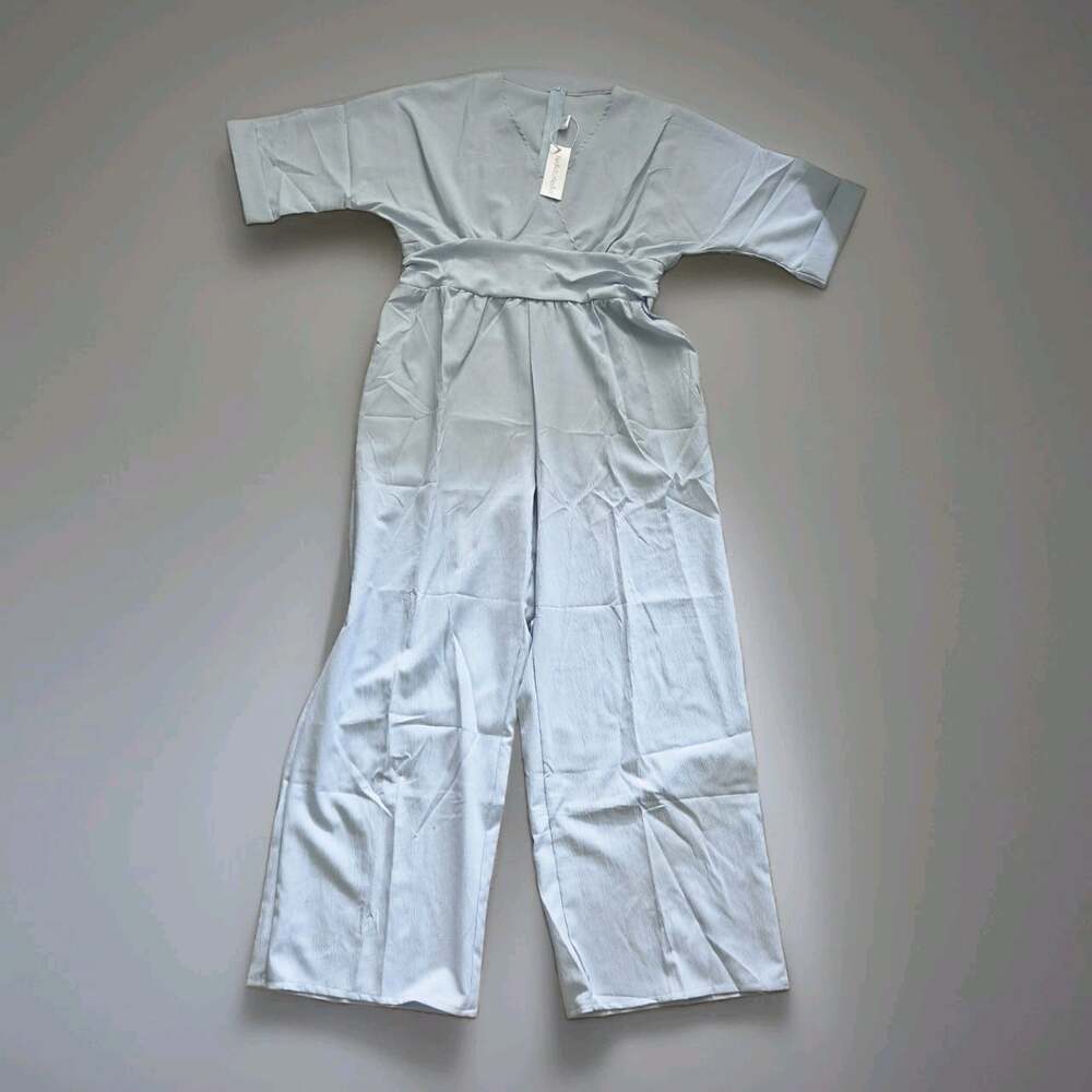Women's Pastel Blue One Piece Pants Suit Crepe Robin Egg Wide Leg High Waist